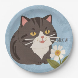 Custom Charming Cute Gray Cat & Chamomile FLower Paper Plates