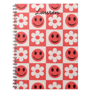 Custom Checkered Flowers and Happy Faces Red Notebook