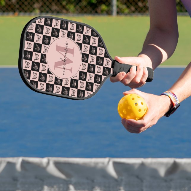 Custom Checkered Pink and Black Butterfly Pattern Pickleball Paddle (Insitu)