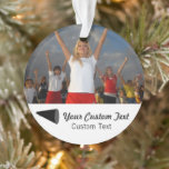 Custom Cheerleading Photo & Name Christmas Tree Ornament<br><div class="desc">This custom cheerleading Christmas tree ornament features your uploaded photo, 2 lines of text for personalizing and a black megaphone. Great for a stocking stuffer for your favorite cheerleader. Change the background and text colors to match your school/club colors. Check out our other sports related products in our Colorfulgalshop store....</div>