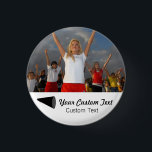 Custom Cheerleading Photo Team Spirit Button<br><div class="desc">This custom cheerleading button features your uploaded photo, 2 lines of text for personalizing and a black megaphone. Great for team spirit day or celebrating your favorite sports team. Change the background and text colors to match your school/club colors. Check out our other sports related products in our Colorfulgalshop store....</div>