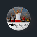 Custom Cheerleading Photo Team Spirit Button<br><div class="desc">This custom cheerleading button features your uploaded photo, 2 lines of text for personalizing and a black megaphone. Great for team spirit day or celebrating your favorite sports team. Change the background and text colors to match your school/club colors. Check out our other sports related products in our Colorfulgalshop store....</div>