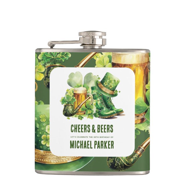 Custom Cheers Beers Birthday St Patrick's Day Flask (Front)