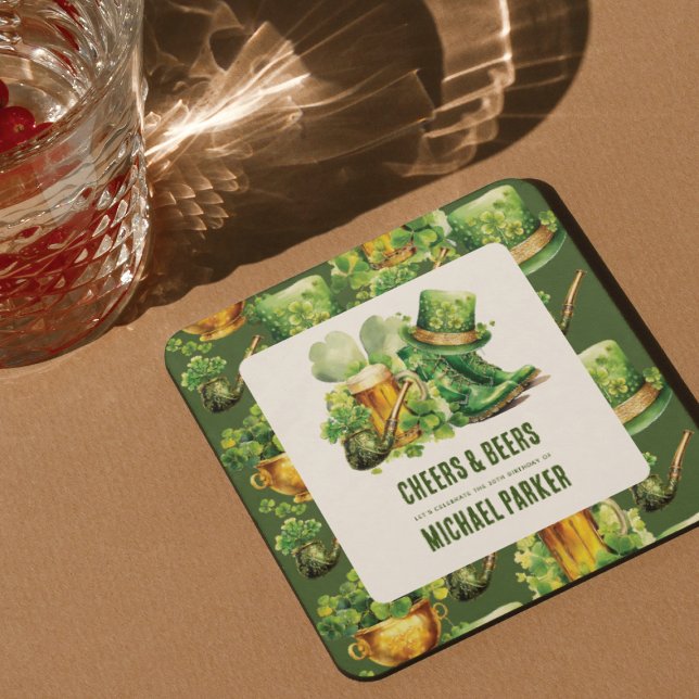 Custom Cheers Beers Birthday St Patrick's Day Square Paper Coaster (Creator Uploaded)