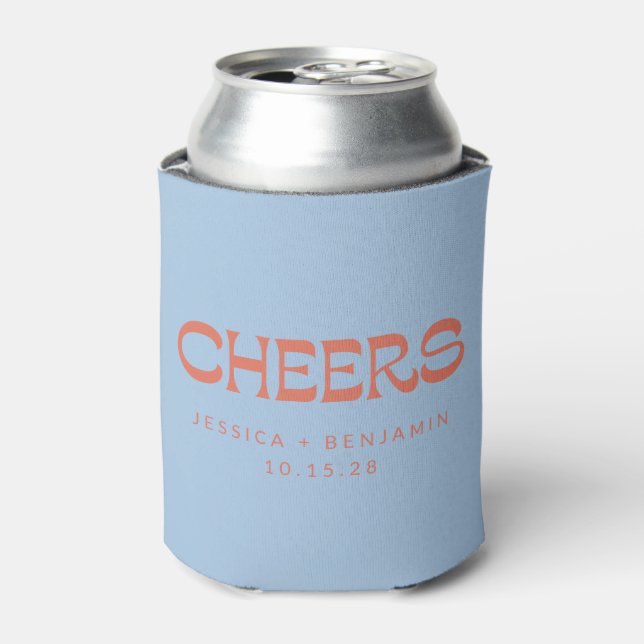 Custom Cheers Blue Terracotta Chic Modern Wedding Can Cooler (Can Front)
