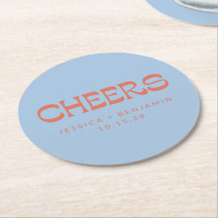 Custom Cheers Blue Terracotta Chic Modern Wedding Round Paper Coaster