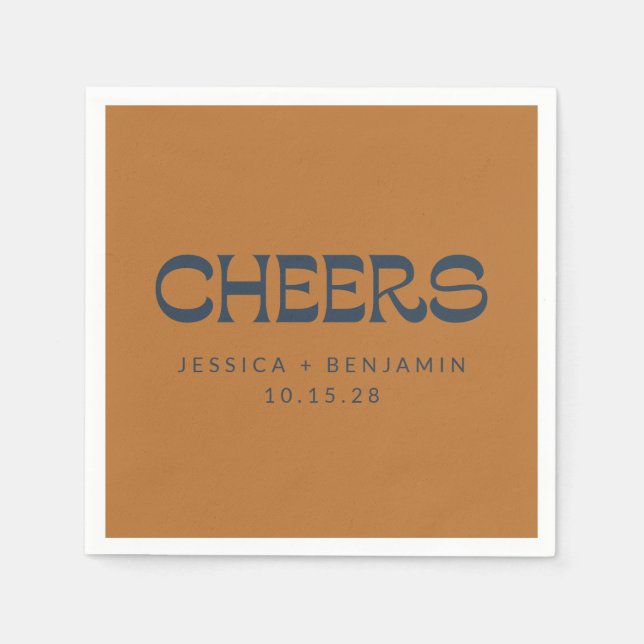Custom Cheers Copper Navy Blue Modern Wedding Napkins (Front)