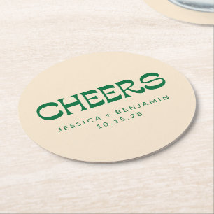 Custom Cheers Green Art Deco Chic Modern Wedding Round Paper Coaster