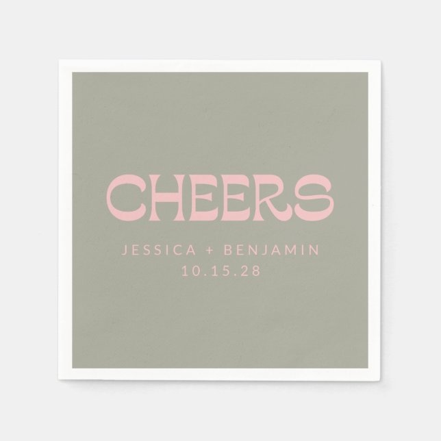 Custom Cheers Sage Green Pink Chic Modern Wedding Napkins (Front)