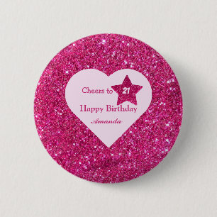 Custom Cheers to 21st pink glitter Happy birthday Button