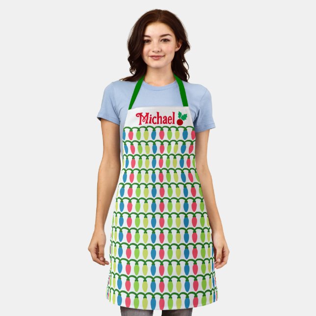 Custom Chef Name Christmas Apron | Holiday Lights (Worn)