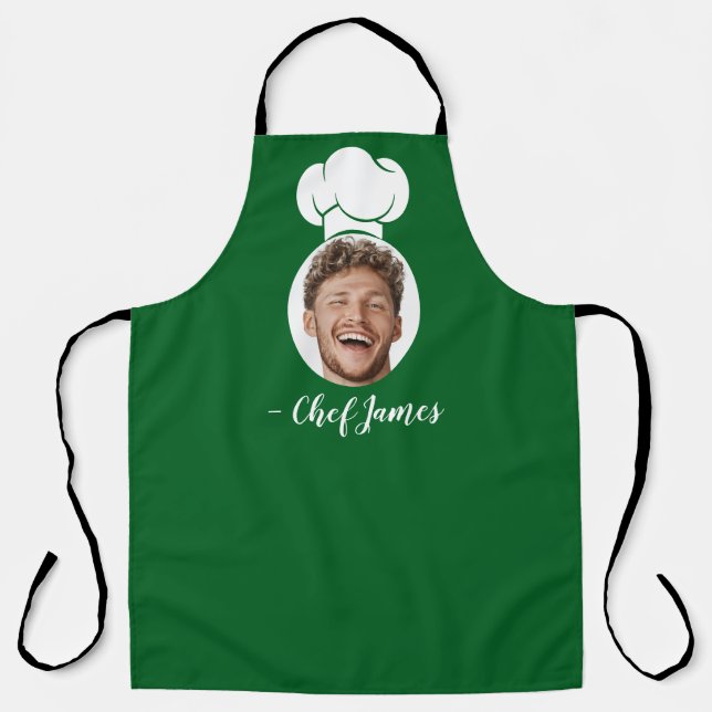 Custom Chef with Photo & Name Cooking Gift Green Apron (Front)