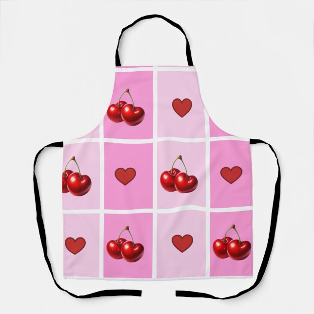 Custom Cherry Heart Checkerboard Pattern Apron (Front)