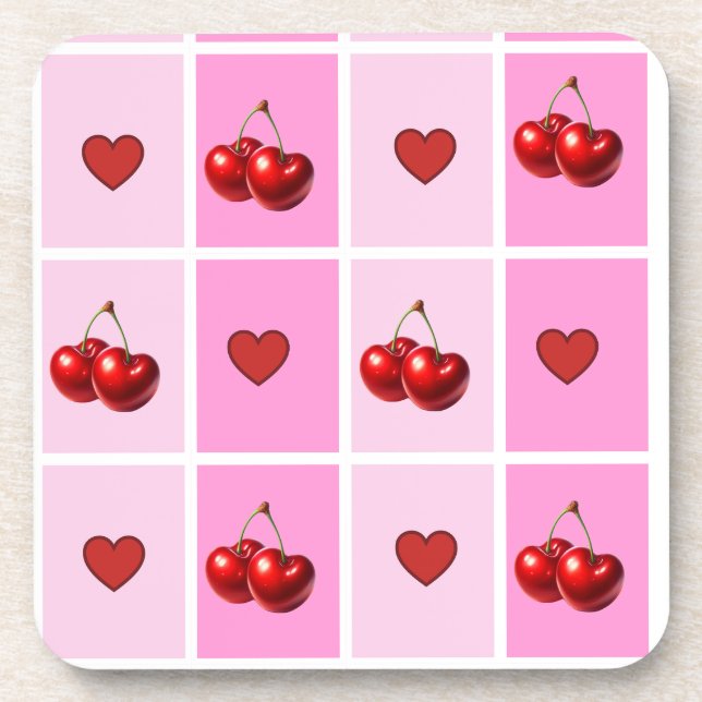 Custom Cherry Heart Checkerboard Pattern Beverage Coaster (Front)