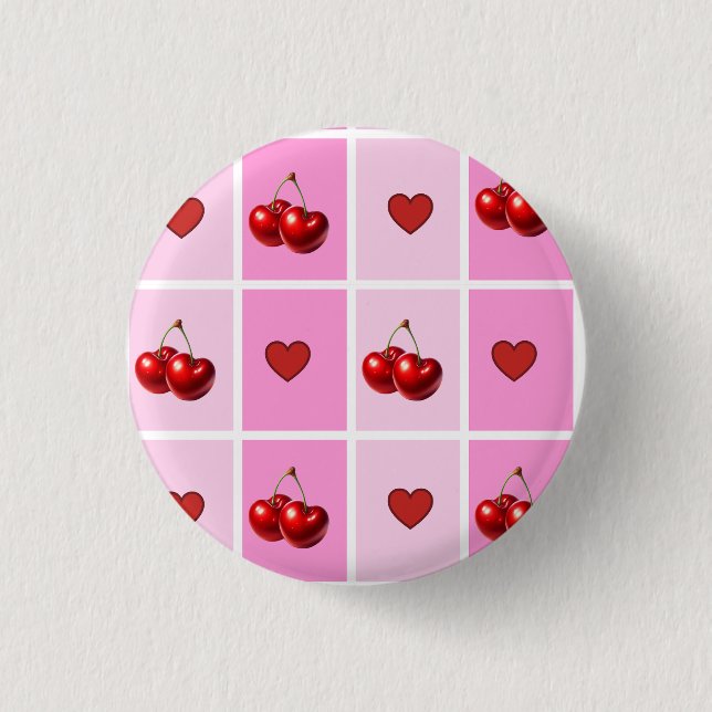 Custom Cherry Heart Checkerboard Pattern Button (Front)