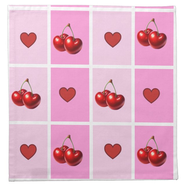 Custom Cherry Heart Checkerboard Pattern Cloth Napkin (Front)
