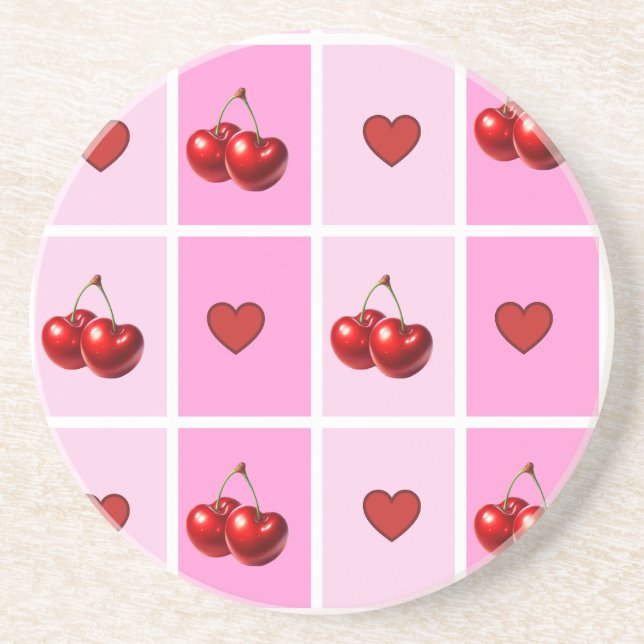 Custom Cherry Heart Checkerboard Pattern Coaster (Front)