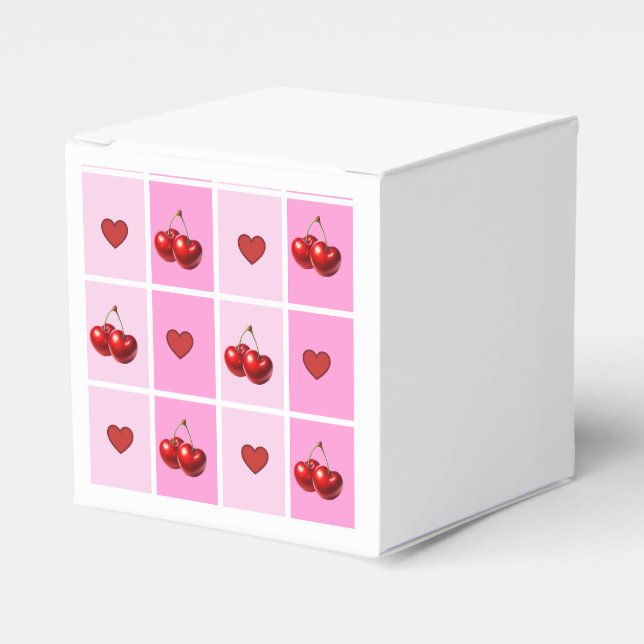 Custom Cherry Heart Checkerboard Pattern Favor Boxes (Front Side)