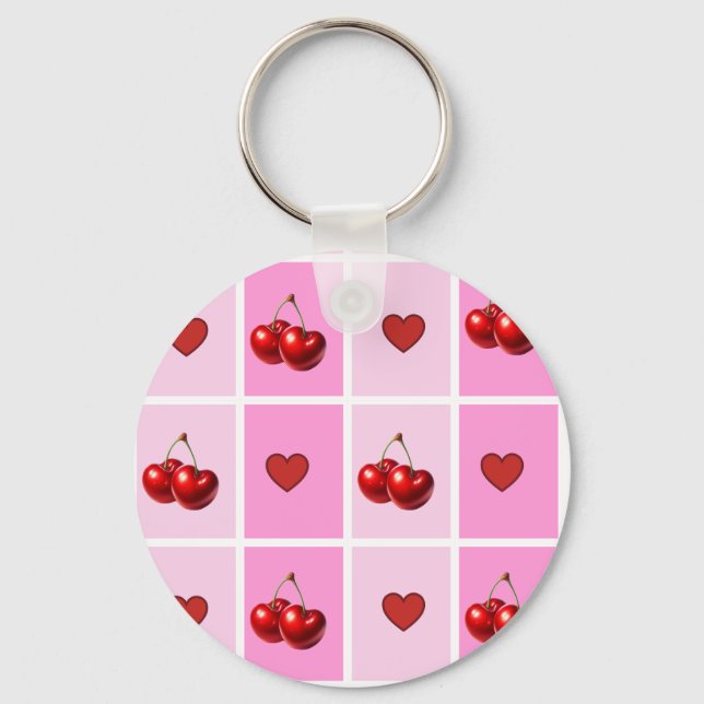 Custom Cherry Heart Checkerboard Pattern Keychain (Front)