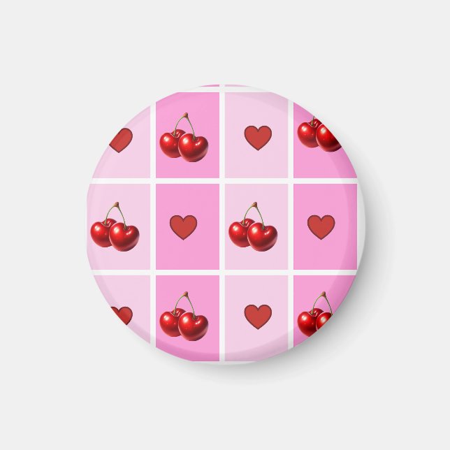 Custom Cherry Heart Checkerboard Pattern Magnet (Front)