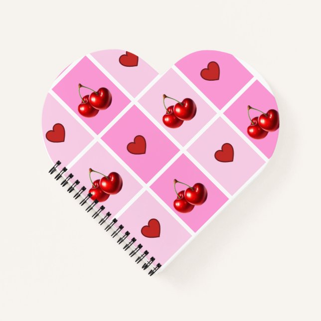 Custom Cherry Heart Checkerboard Pattern Notebook (Front)
