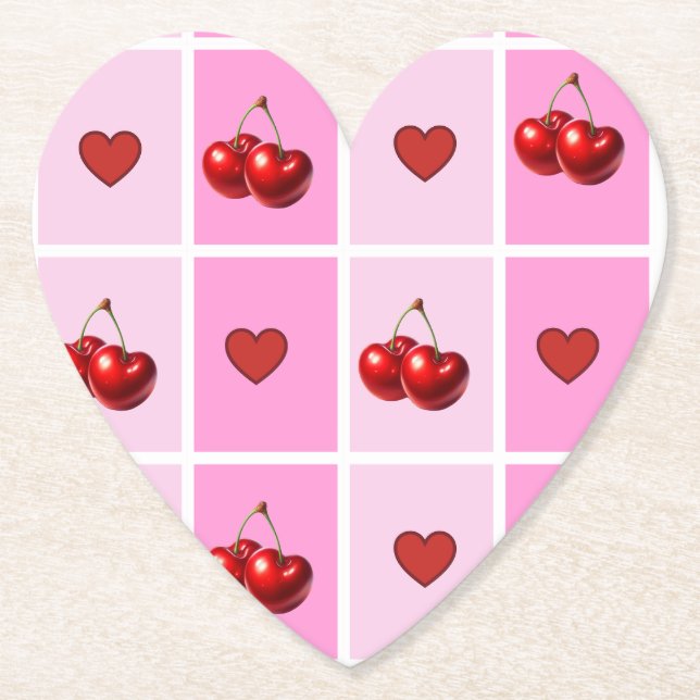 Custom Cherry Heart Checkerboard Pattern Paper Coaster (Front)