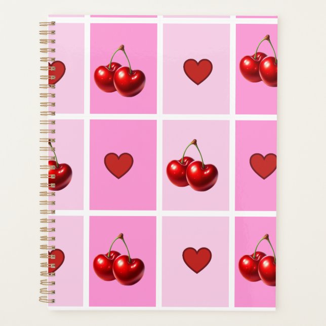 Custom Cherry Heart Checkerboard Pattern Planner (Front)