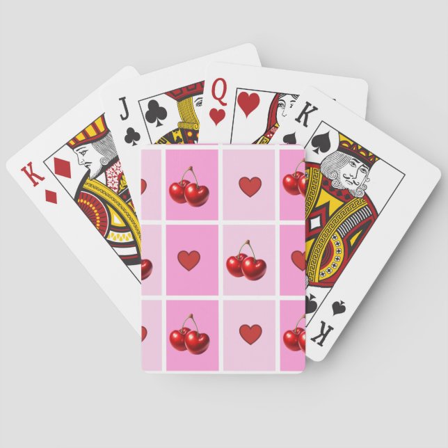 Custom Cherry Heart Checkerboard Pattern Poker Cards (Back)