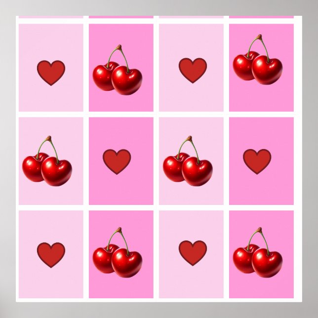 Custom Cherry Heart Checkerboard Pattern Poster (Front)