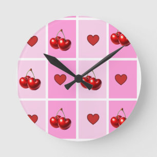 Custom Cherry Heart Checkerboard Pattern Round Clock