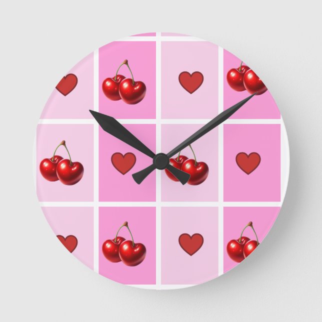 Custom Cherry Heart Checkerboard Pattern Round Clock (Front)