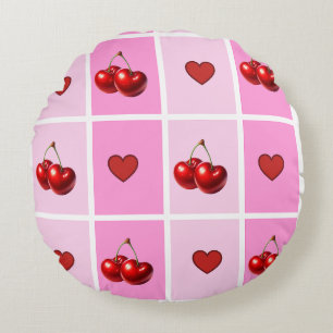 Custom Cherry Heart Checkerboard Pattern Round Pillow