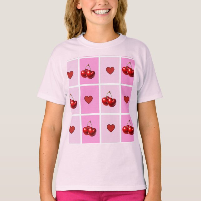 Custom Cherry Heart Checkerboard Pattern T-Shirt (Front)