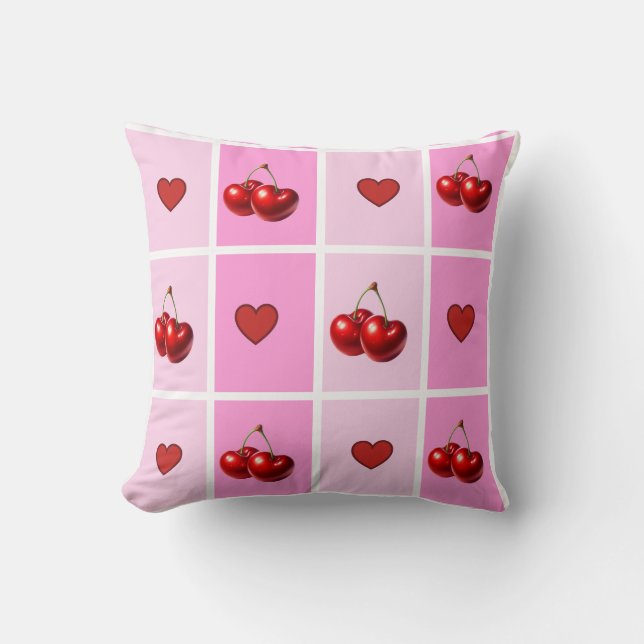 Custom Cherry Heart Checkerboard Pattern Throw Pillow (Front)