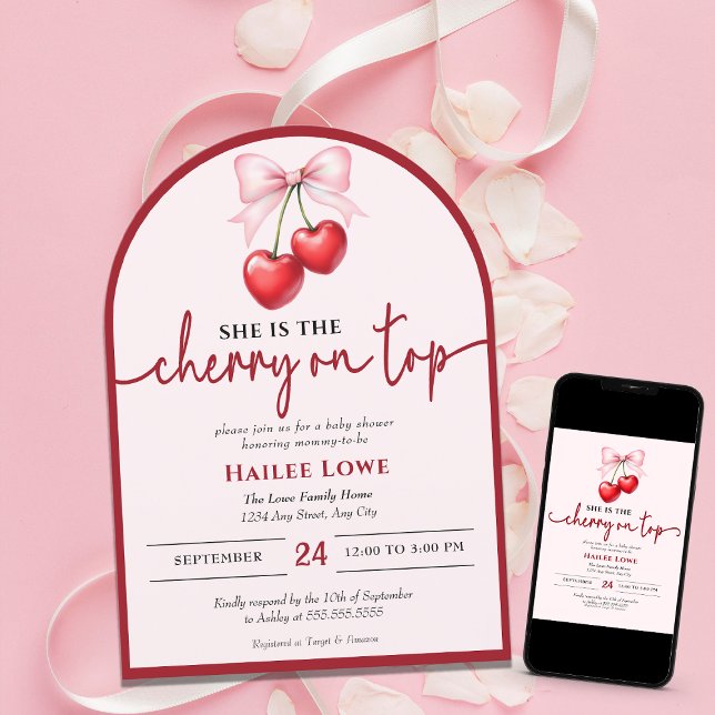 Custom Cherry On Top Coquette Pink Bow Baby Shower Invitation (Creator Uploaded)