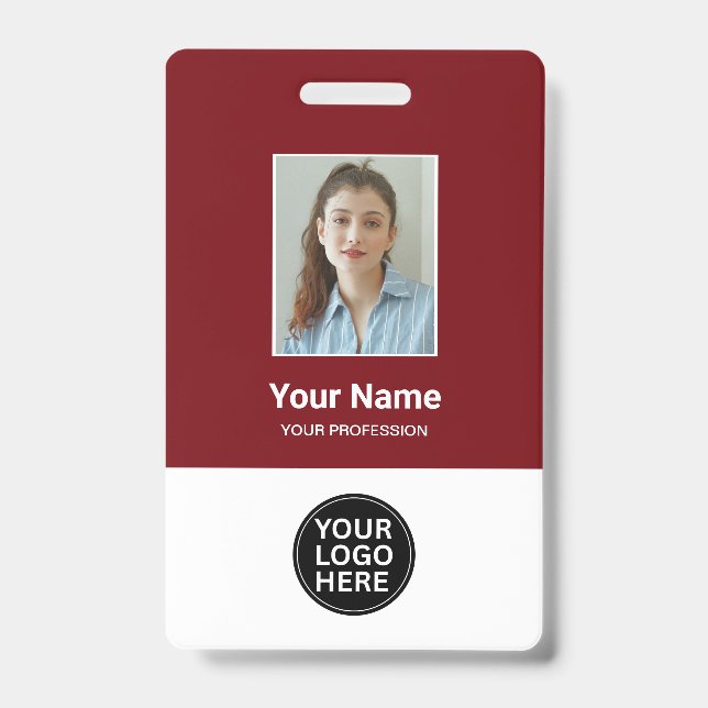 Custom Cherry Red Employee Photo Logo Name Badge (Front)