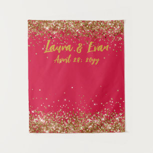 Custom Cherry Red Gold Glitter Wedding Photobooth Tapestry
