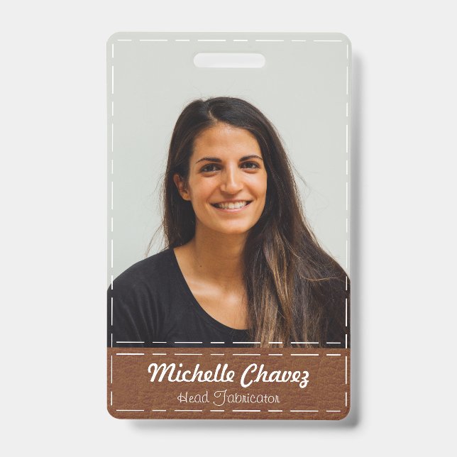 Custom Chestnut Brown Stitched Leather Employee Badge (Front)