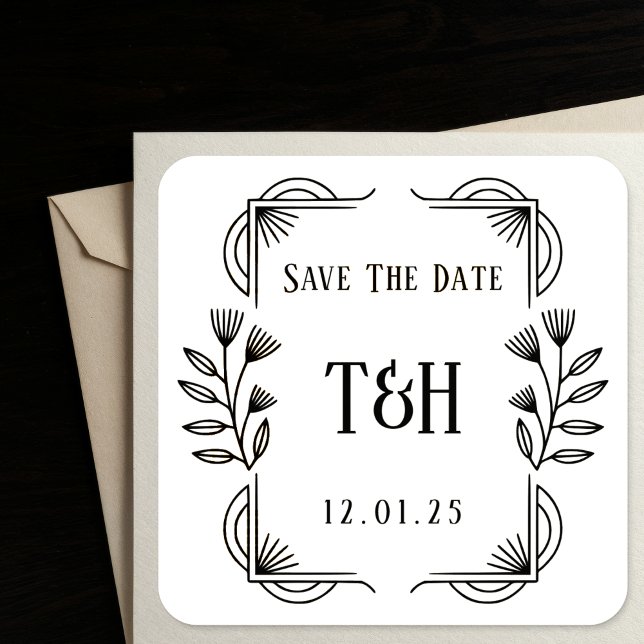 Custom Chic Art Deco Botanical Frame Save The Date Square Sticker (Creator Uploaded)