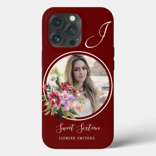 Custom Chic Burgundy Floral Themed Photo Monogram iPhone 13 Pro Case