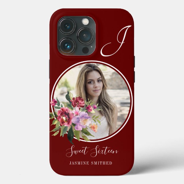 Custom Chic Burgundy Floral Themed Photo Monogram Case-Mate iPhone Case (Back)