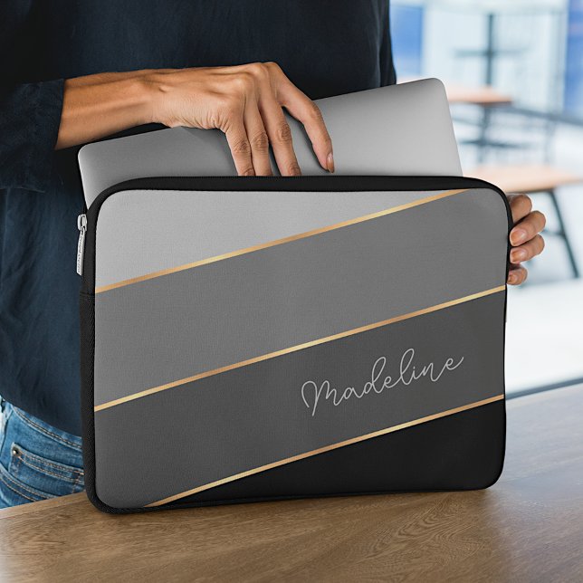 Custom Chic Dark Medium Light Gray Stripe Art Laptop Sleeve (Creator Uploaded)