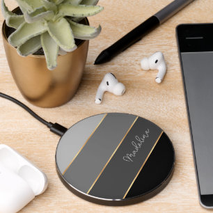 Custom Chic Dark Medium Light Gray Stripes Art Wireless Charger