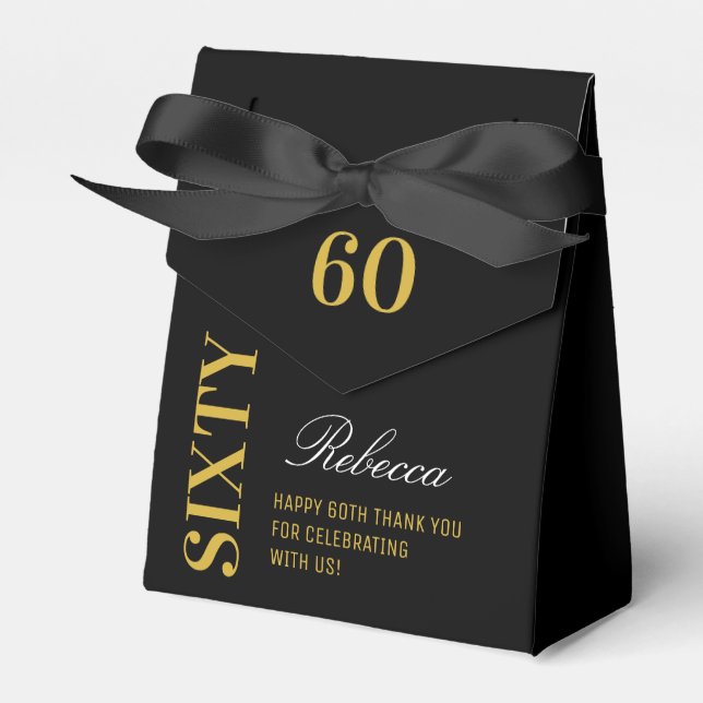 Custom Chic Elegant Sixty Birthday Black & Gold  Favor Boxes (Front Side)