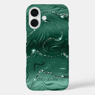 Custom Chic Emerald Green Silver Glitter Pattern iPhone 16 Case