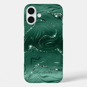 Custom Chic Emerald Green Silver Glitter Pattern iPhone 16 Plus Case