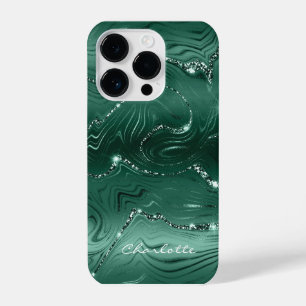 Custom Chic Emerald Green Silver Glitter Pattern iPhone 14 Pro Case