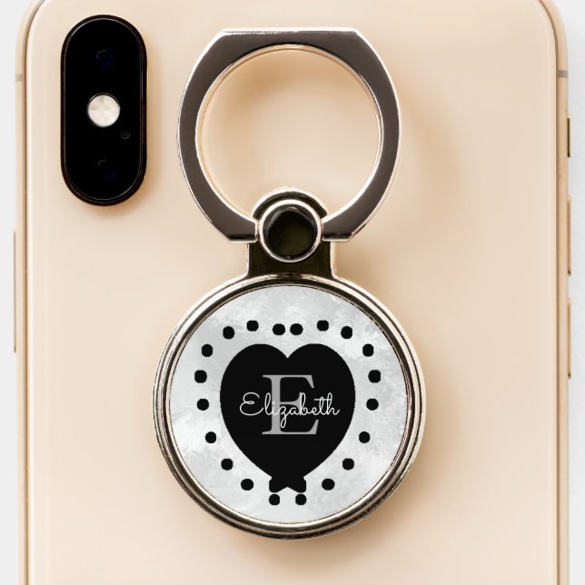Custom Chic Initial Monogram Black Gray Heart Phone Ring Stand (Close Up)