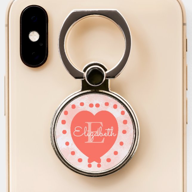 Custom Chic Initial Monogram Coral White Heart Phone Ring Stand (Close Up)