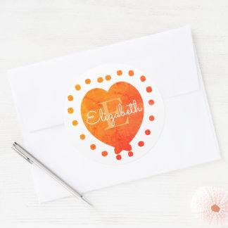 Custom Chic Initial Monogram Orange White Heart Classic Round Sticker